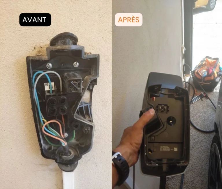 Borne Tesla Wall Connector avant et après l'intervention de Volt Elec Services