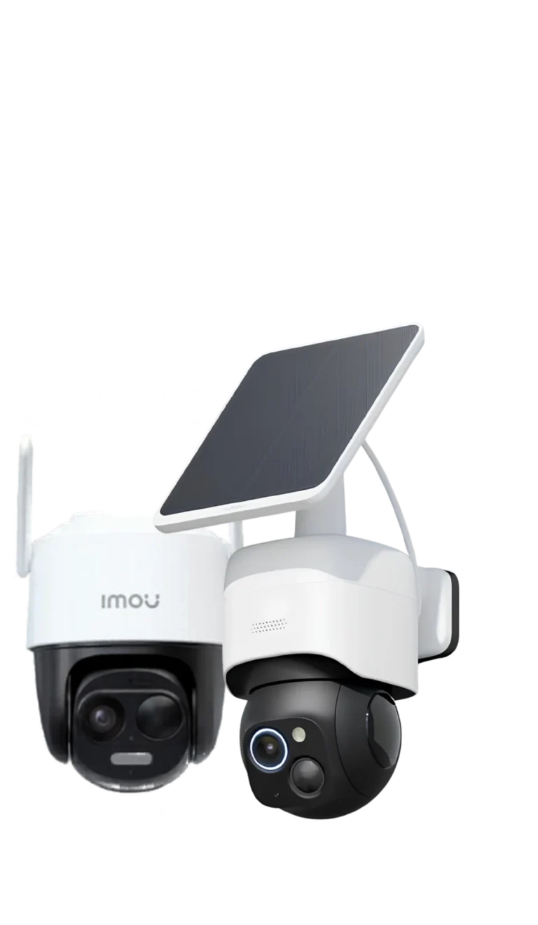 Caméras de surveillance motorisées, dont une avec panneau solaire, du pack caméra sans abonnement