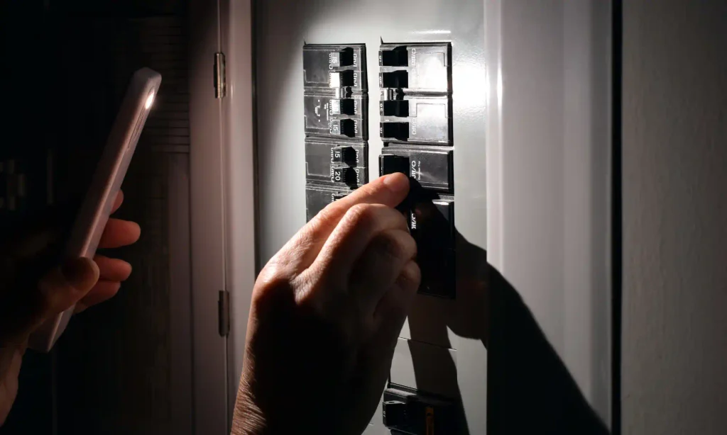 Tableau électrique avec disjoncteur déclenché