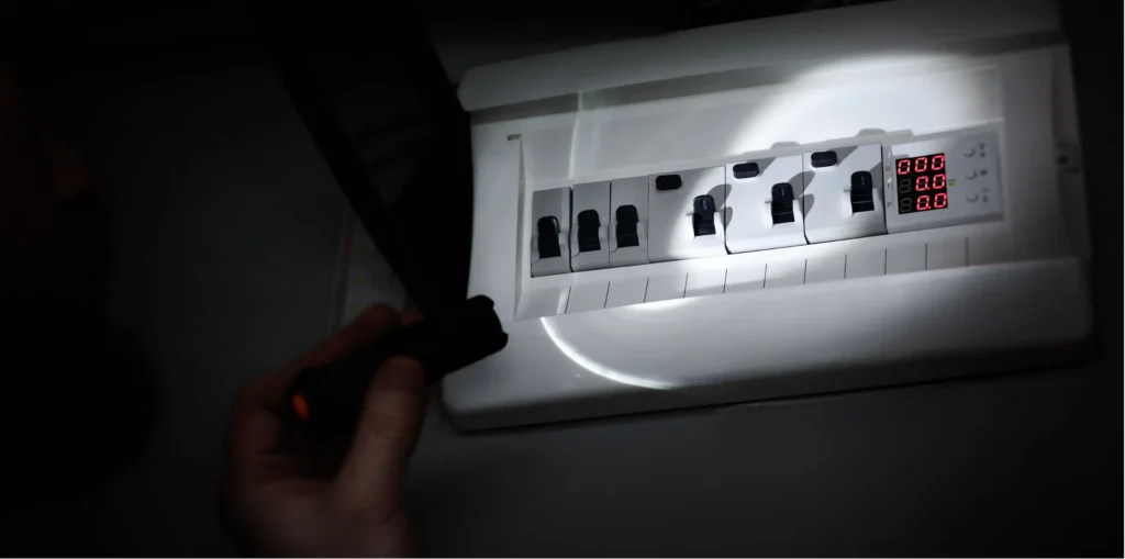 Tableau électrique éclairé à la lampe torche pendant une panne de courant, avant l'intervention d'un électricien